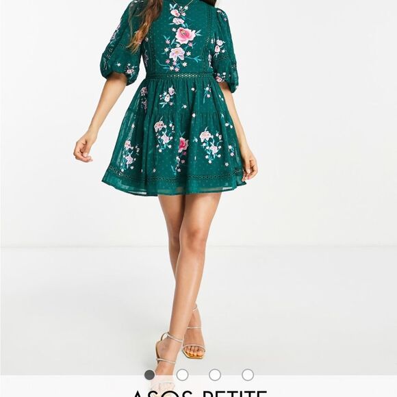ASOS Design Petite High Neck Textured Embroidered Mini Dress w/ Lace Trims Green - Picture 4 of 11